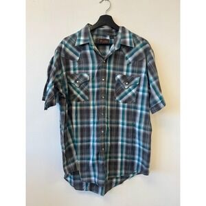 Plains Western Wear Shirt Mens Large Gray Blue Plaid‎ Pearl Snap Cowboy Rodeo